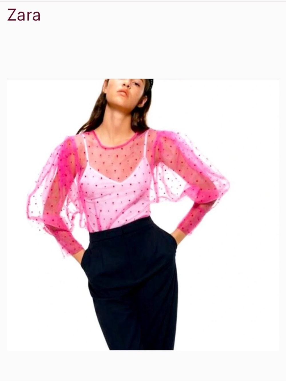 Zara Hot Pink Sheer Polka Dot Puff Sleeve Blouse